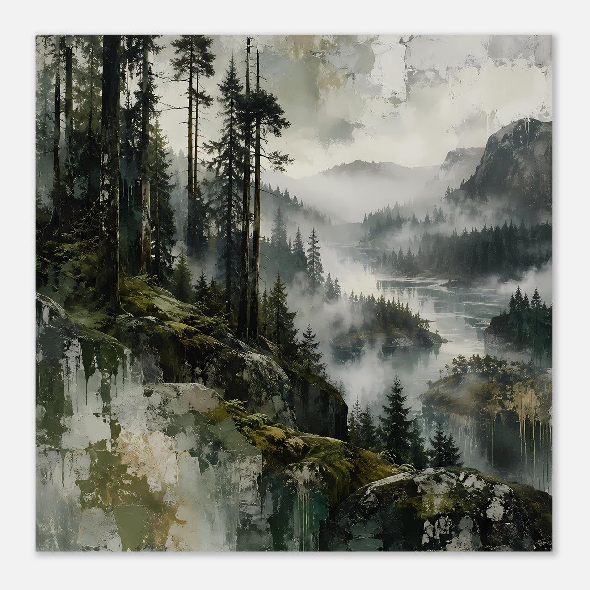 Landschafts-Wandposter mit dunklem Tannenwald, Nebelschleiern und Flussverlauf