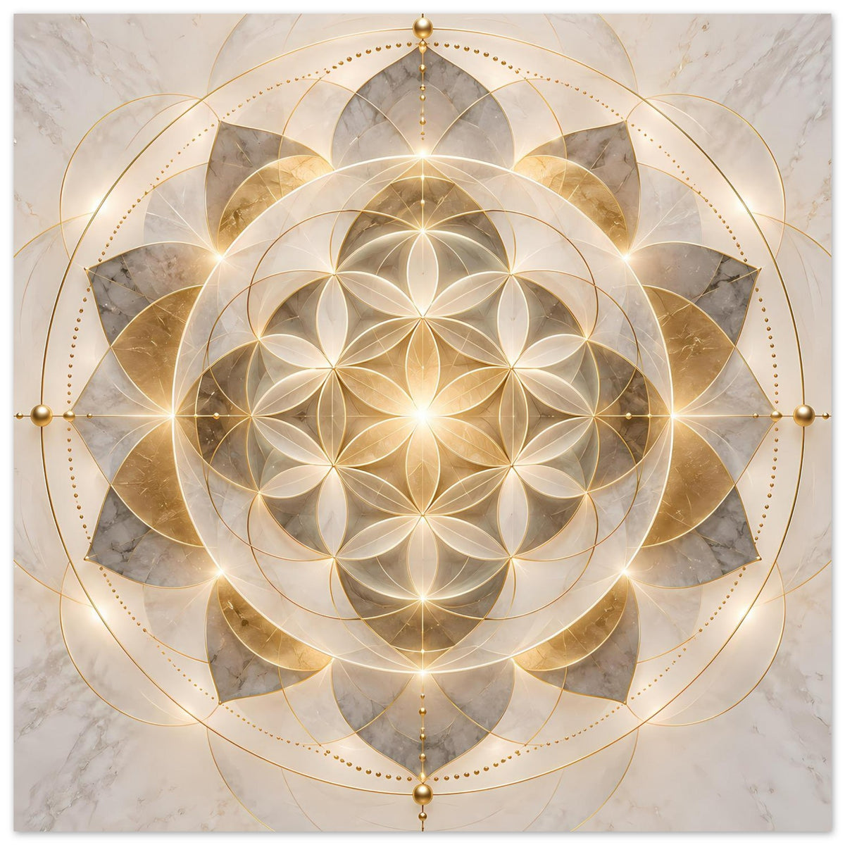 Poster mit goldenem Mandala-Ornament, bekrönt mit Kugel und seitlichen Kugeln