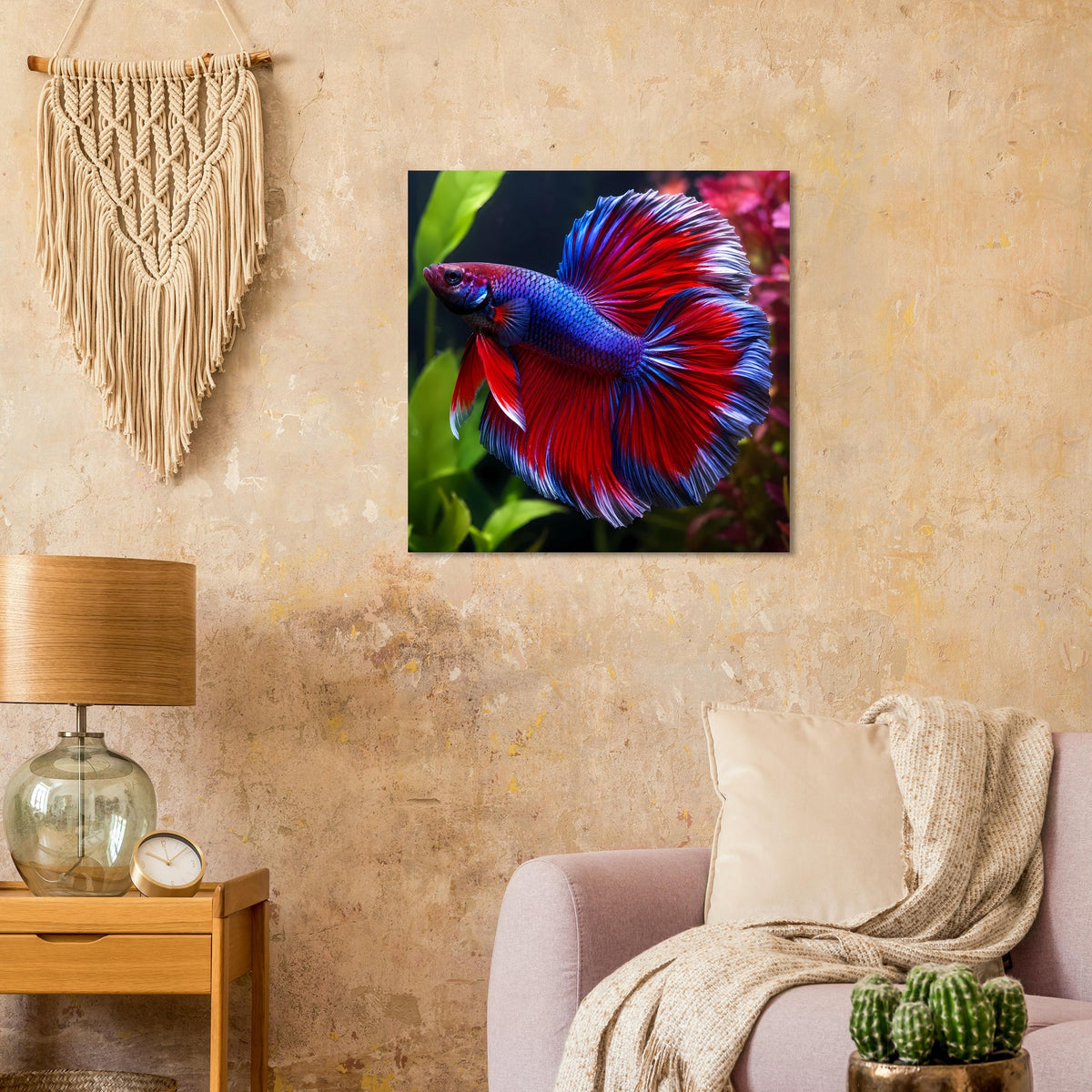 Quadratisches Wandposter mit Betta-Fisch in leuchtendem Blau und Rot
