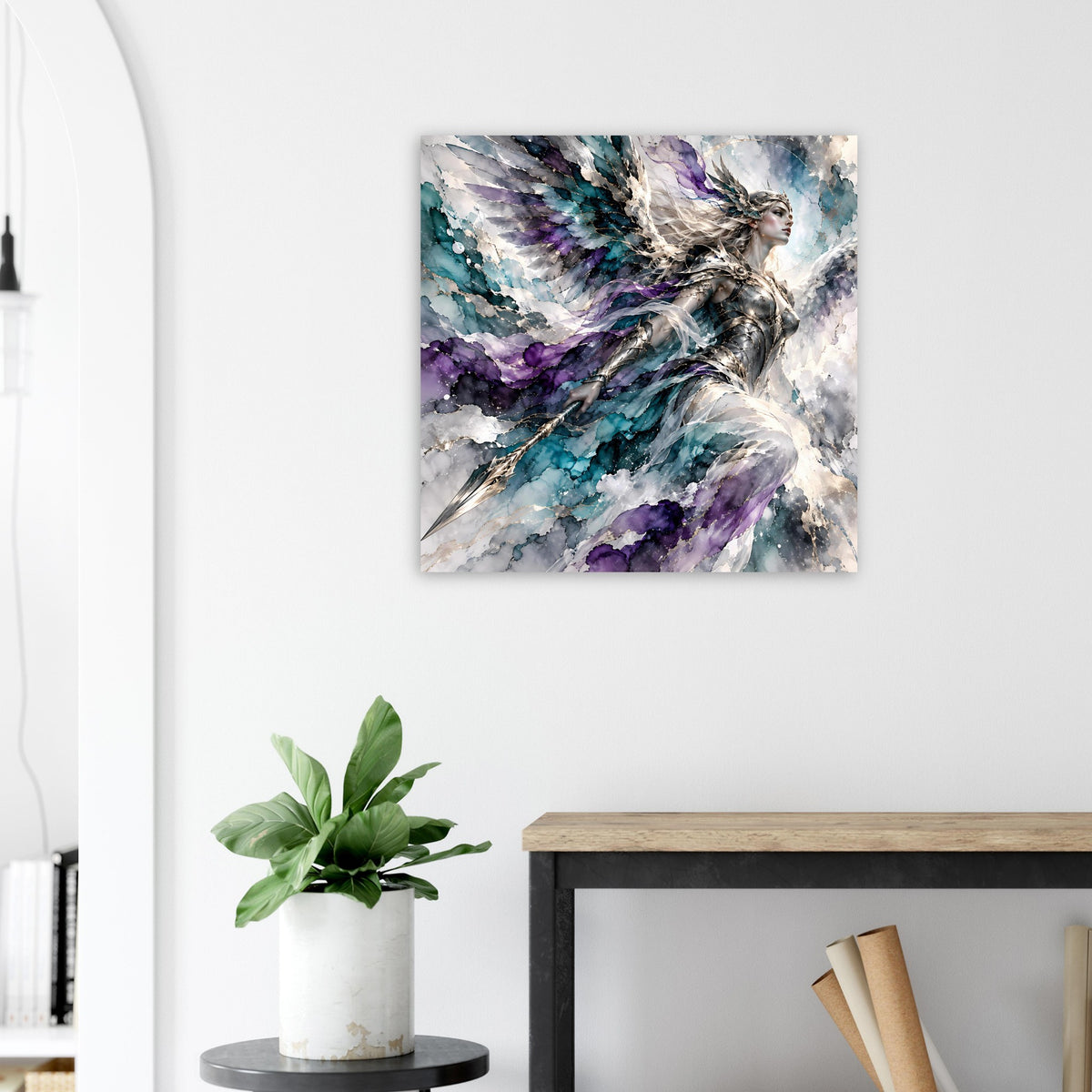 Fantasy-Poster zeigt Kriegerengel mit Flügeln, violetten und blauen Farbwirbeln