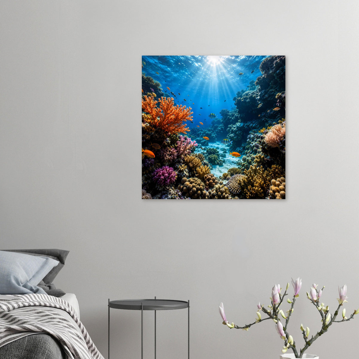 Kleines Poster mit Korallenriff und Fischen, blau-türkises Wasser mit bunten Korallen