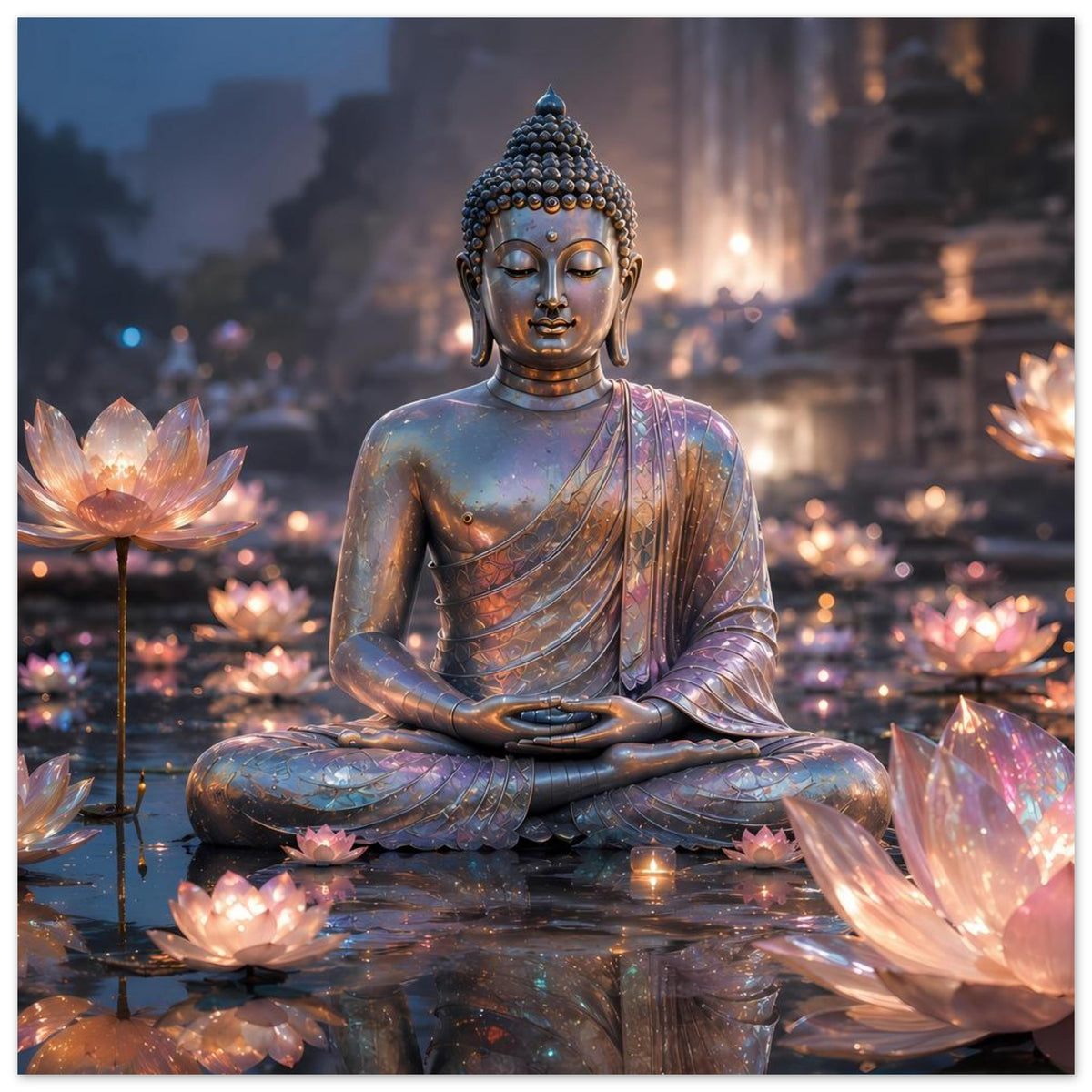 Wandposter mit sitzendem Buddha und mehreren Lotusblüten, warme Lichtreflexe im Motiv
