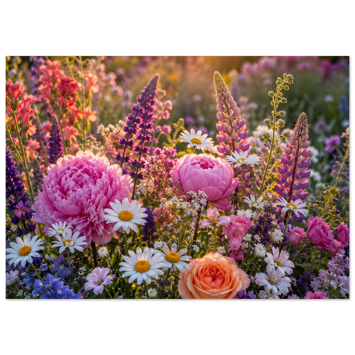 Blumenposter mit Pfingstrosen, Gänseblümchen und vielen lila Blüten im Garten