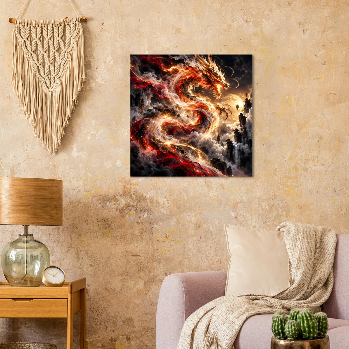 Quadratisches Fantasy-Poster mit brennendem Drachen in Rot und Gold, Flammen und Rauch