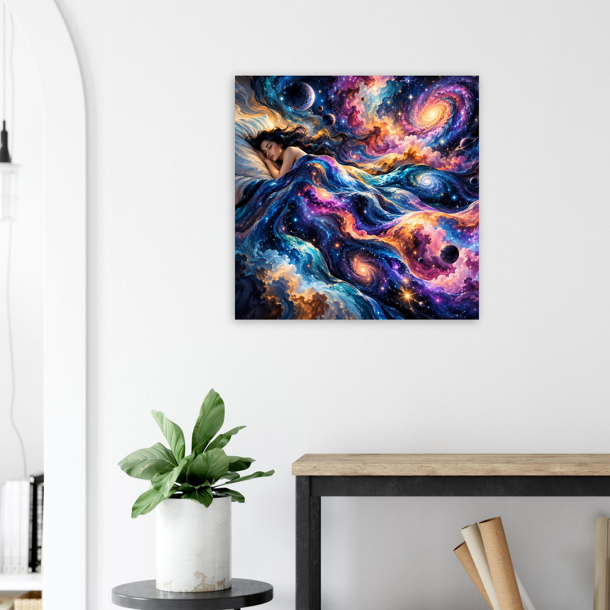 Quadratisches Poster mit kosmischem Motiv: blau-lila Nebel, leuchtende Wirbel und Sterne.