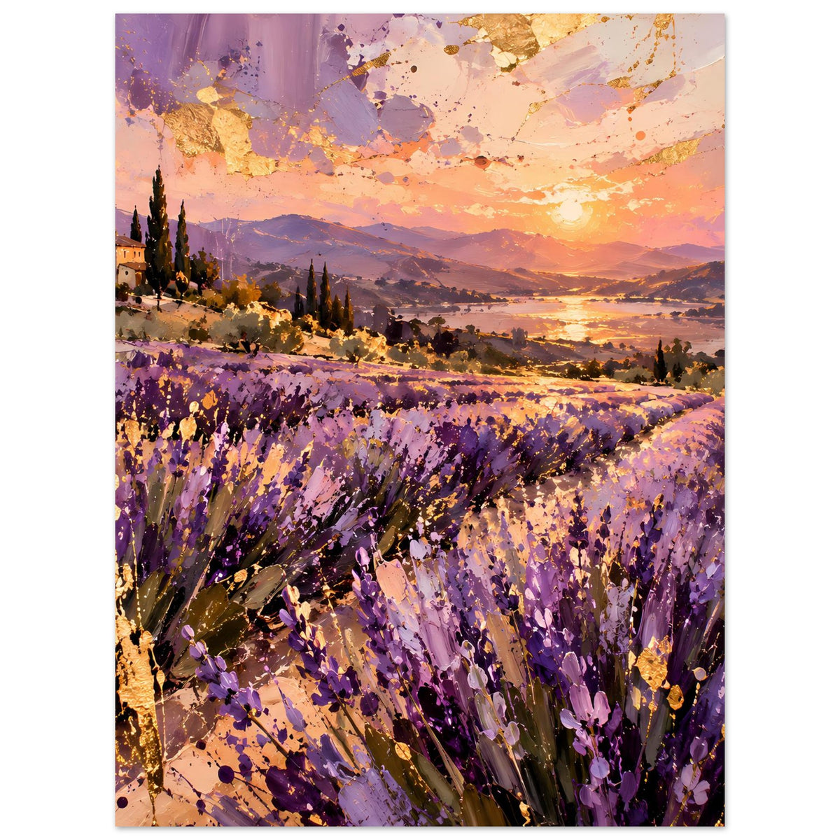 Hochformat-Landschaftsposter mit violettem Lavendelfeld und untergehender Sonne