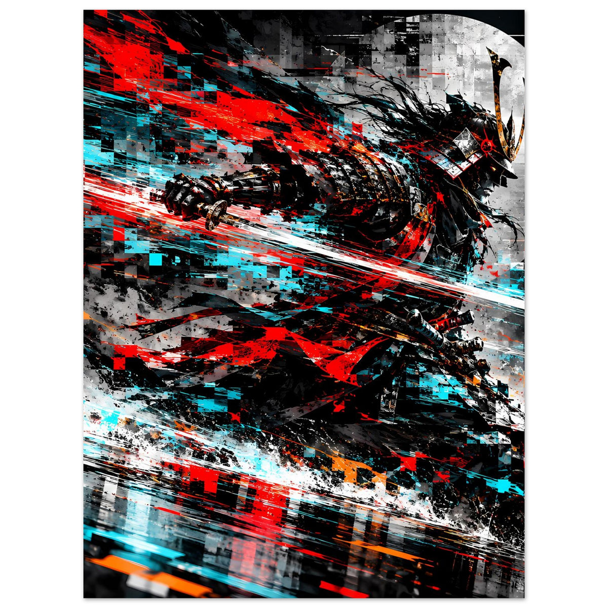 Samurai-Actionposter, vertikal: Samurai-Krieger in Rot und Cyan, schwarzgrauer Hintergrund