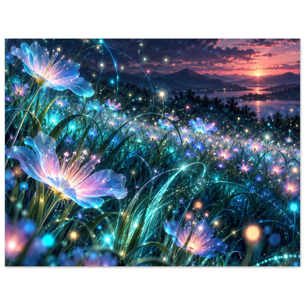 Wandposter mit leuchtenden Blumenblüten und glitzernden Lichtpunkten am Abendhimmel