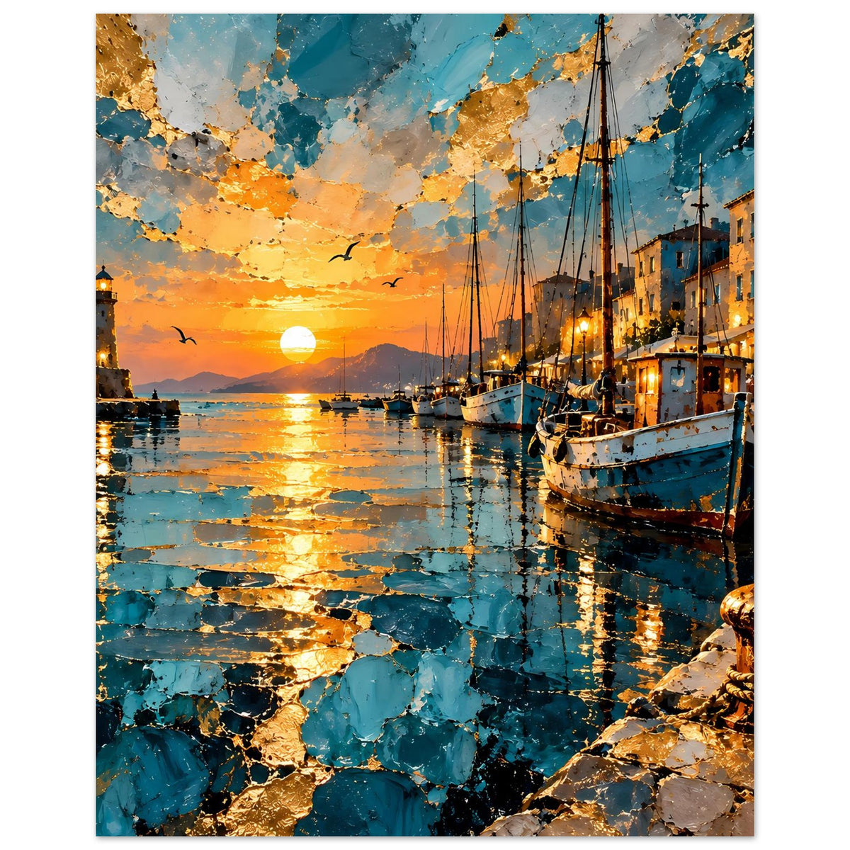 Hafen-Sunset-Poster, Fokus auf Wasser und Reflexe; Segelboot rechts und Leuchtturm links