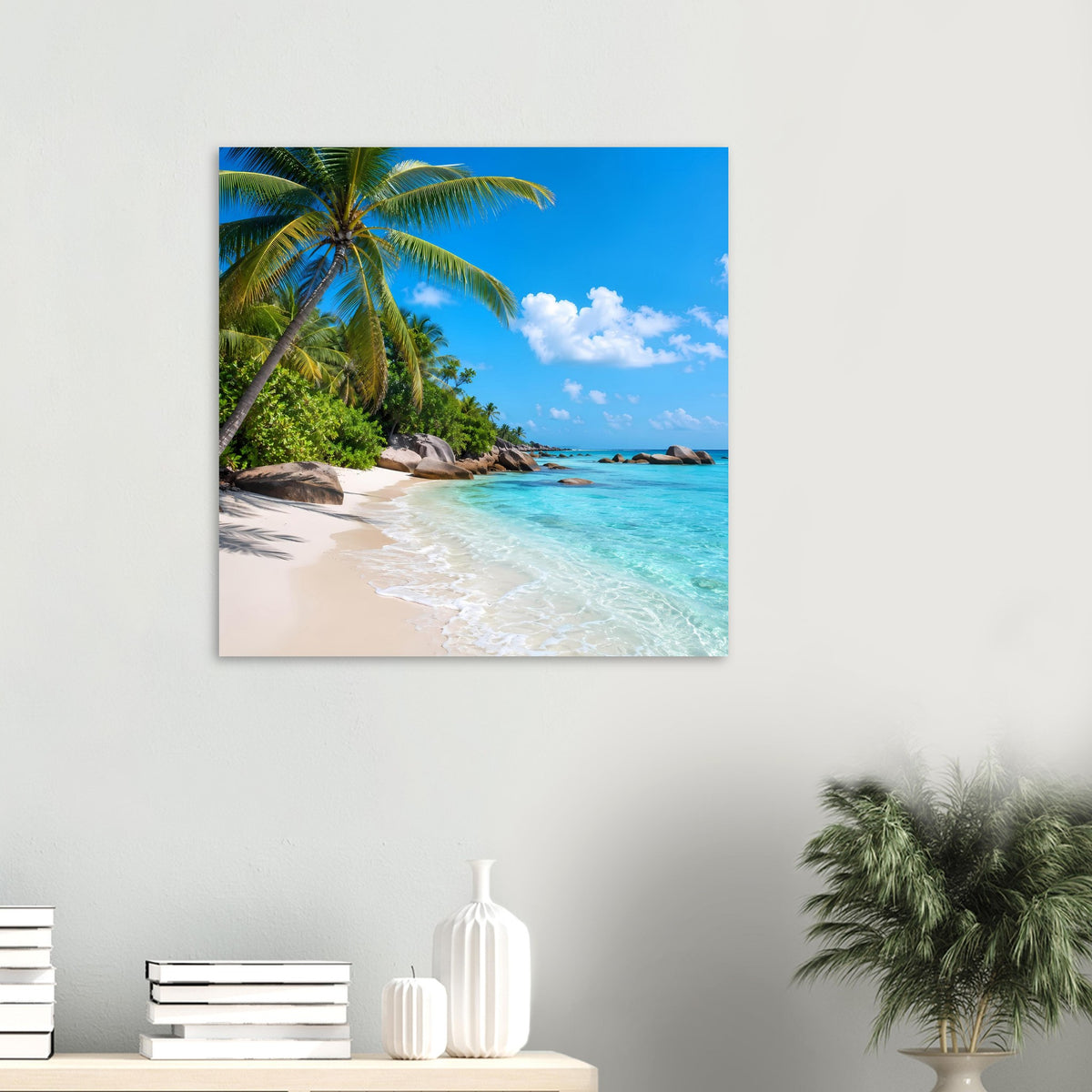 Tropisches Strand-Poster mit Palmen, türkisfarbenem Wasser und blauem Himmel