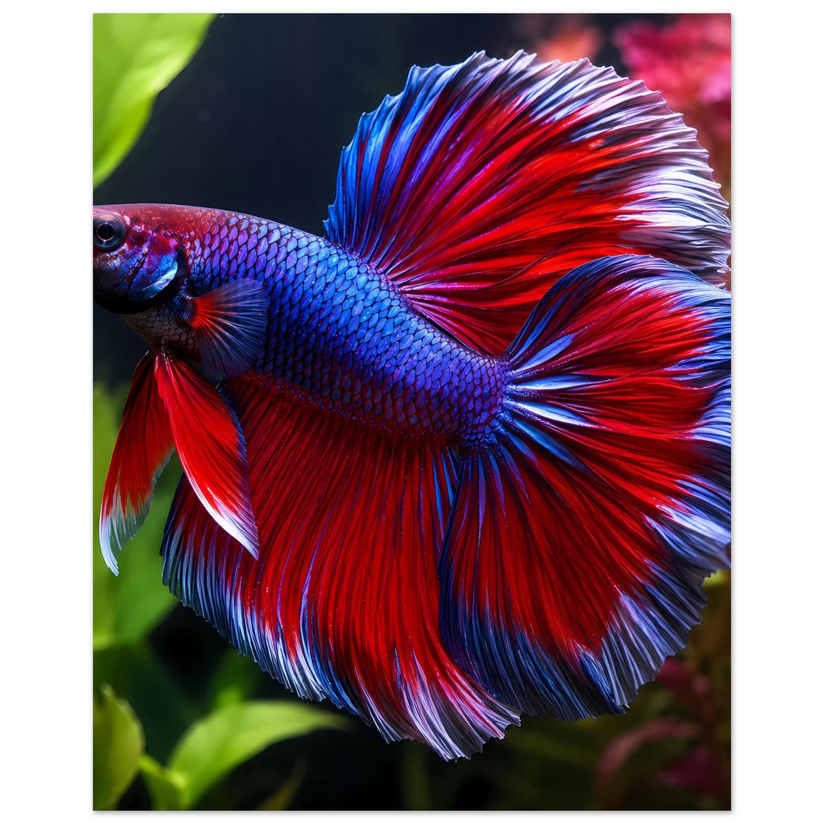 Vertikales Poster mit Betta-Fisch: blauer Körper, rote Flossen mit weißen Spitzen.