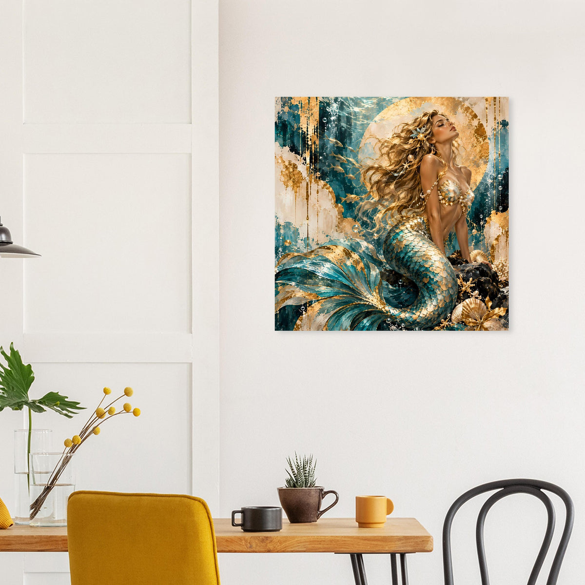 Meerjungfrau-Kunst auf Poster: goldhaarige Sirene mit türkis-schuppiger Flosse und Dünenfarben