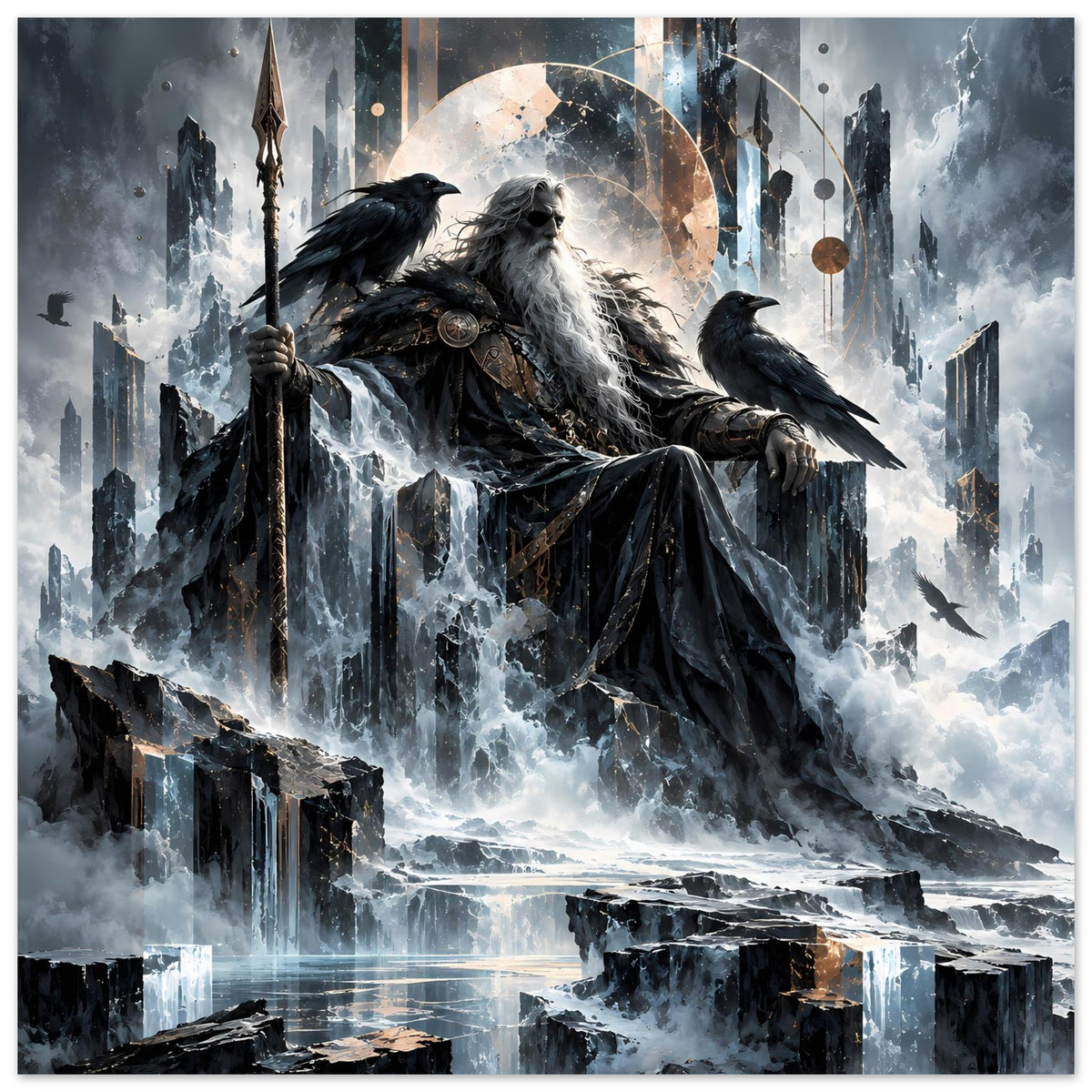 Mythologie-Poster (vertikal): Odin mit Umhang, Raben auf Steinsäulen und Nebel