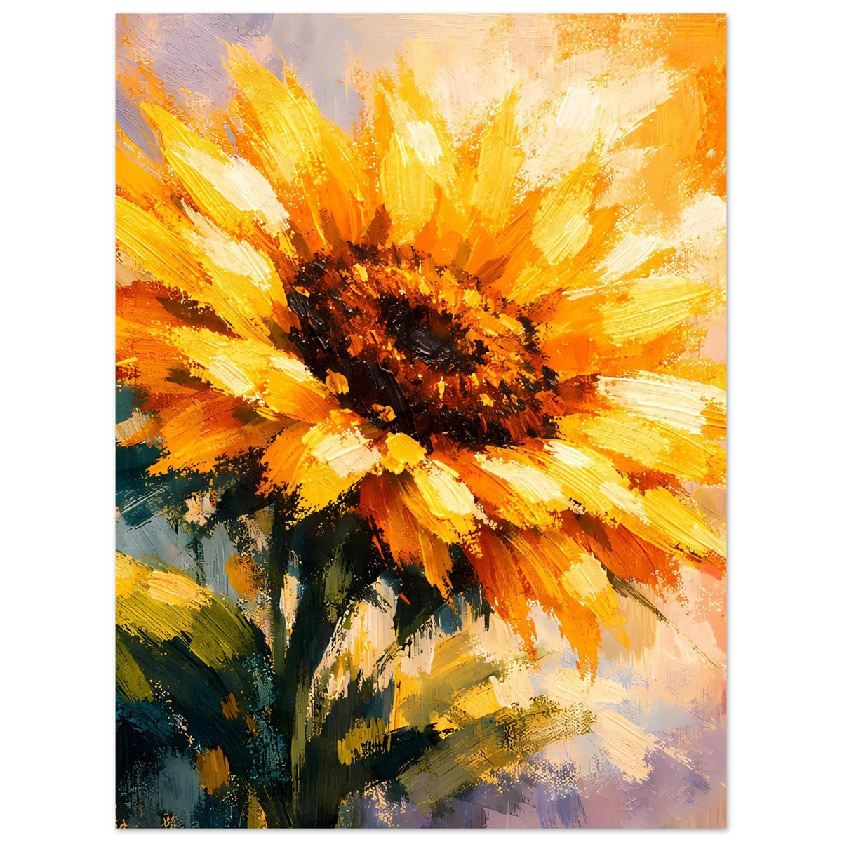 Sonnenblumen-Poster mit kräftigen gelben Strichen, dunklem Blütenkern, quadratisch