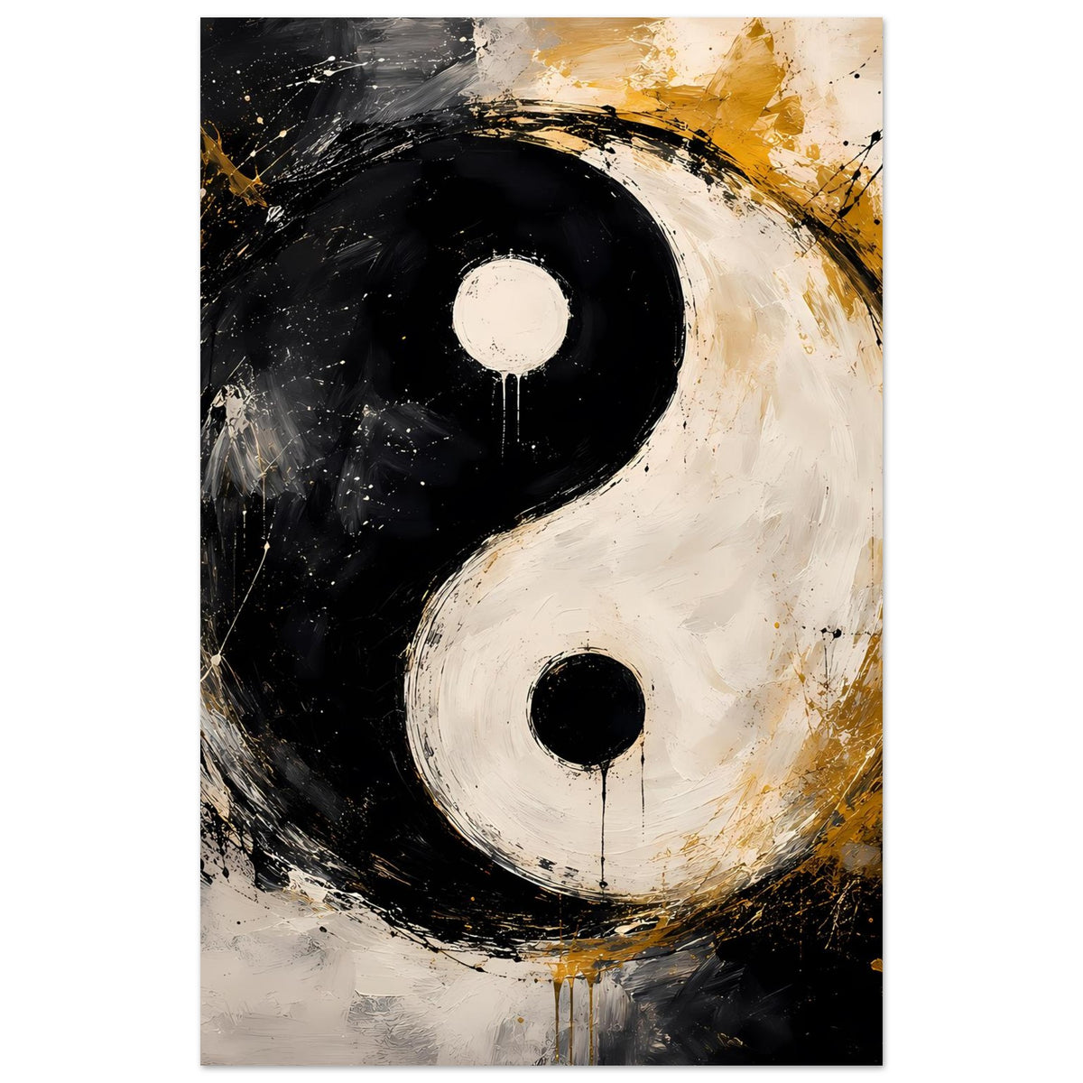 Vertikales abstraktes Yin‑Yang Poster mit schwarzen, weißen Flächen und goldenen Akzenten