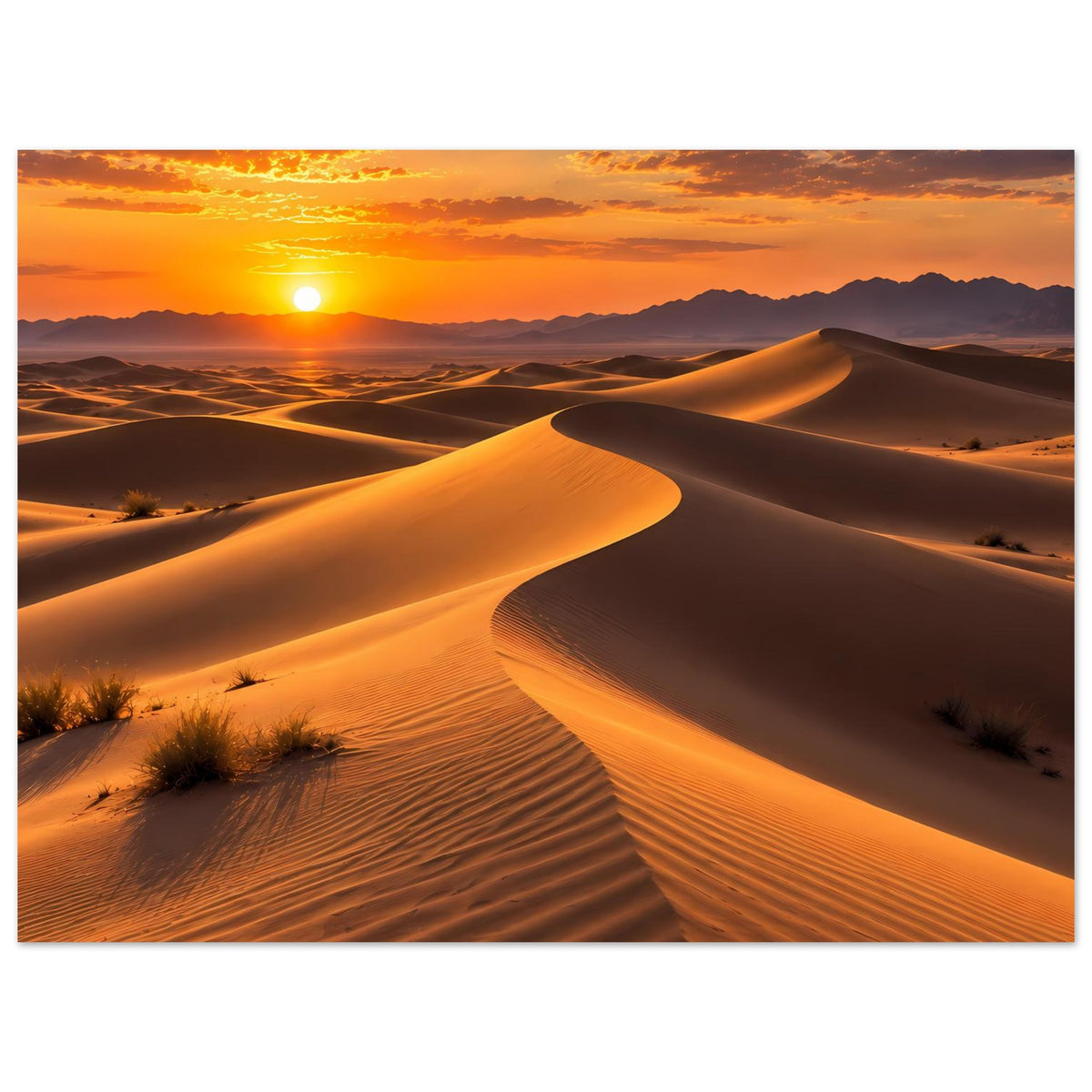 Wüsten-Sonnenuntergang-Poster im Querformat: breite Dünenkämme, warme Sonnenbeleuchtung