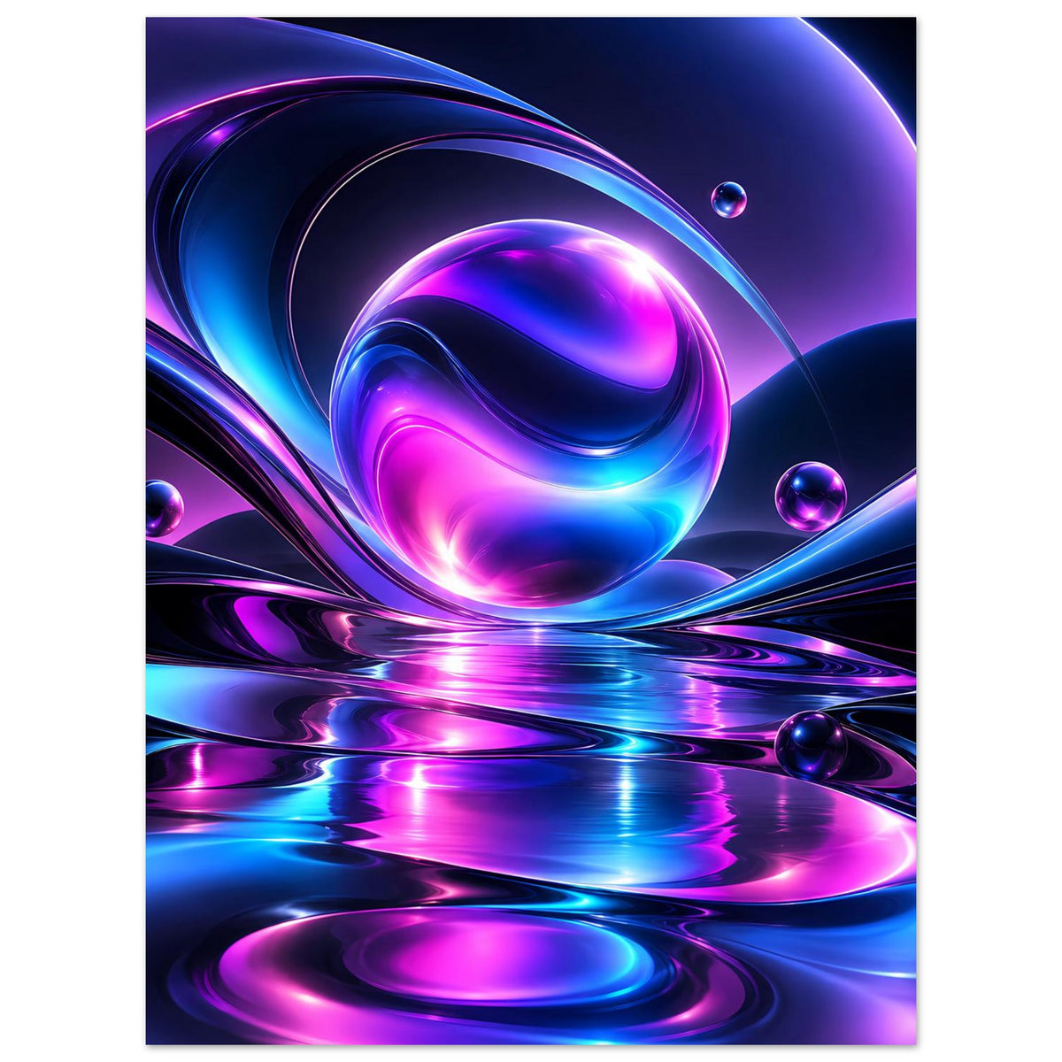 Hochkantposter mit Lichtkugel, blauen und violetten Schlieren sowie spiegelnder Fläche