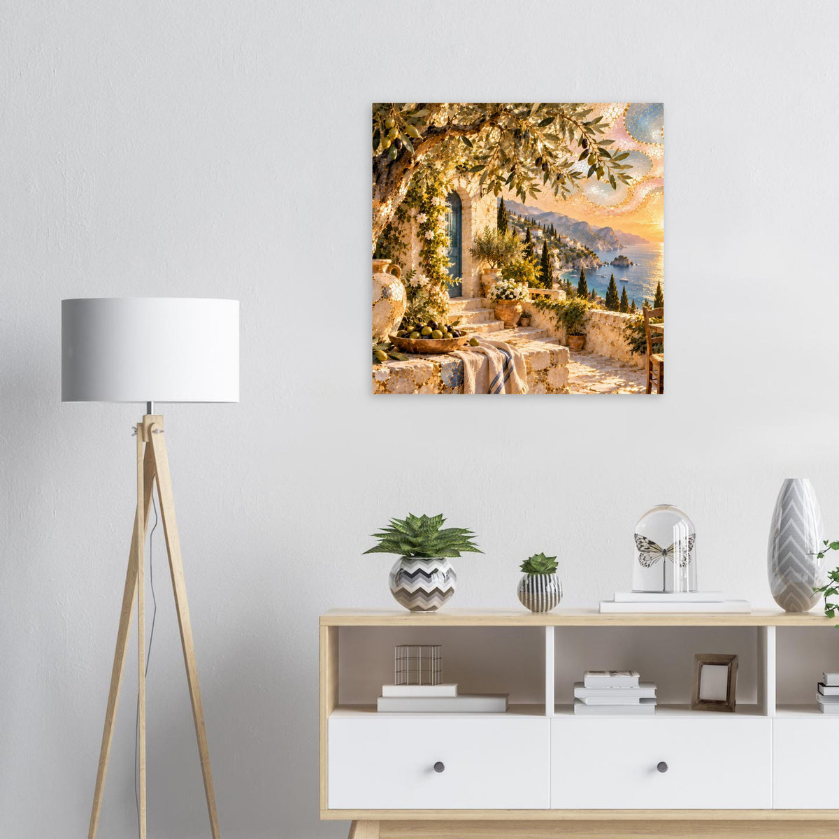 Mosaikkunst-Print: mediterrane Landschaft mit Weg, Olivenbäumen und warmen Farbtönen