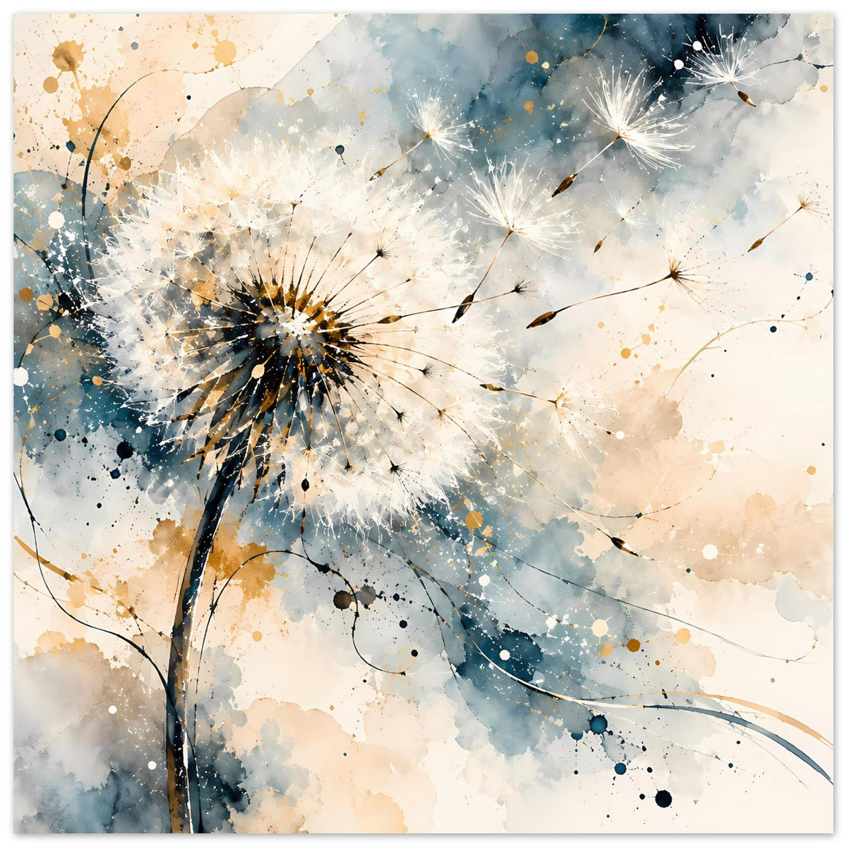 Kunstposter mit großem Pusteblumenmotiv, sanfte Blau- und Goldspritzer, im Querformat