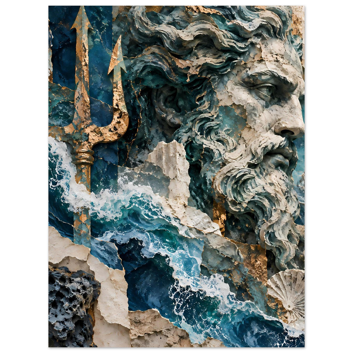 Neptun-Poster im Hochformat: Skulpturprofil, Meereswellen, Dreizack und Muschelrand