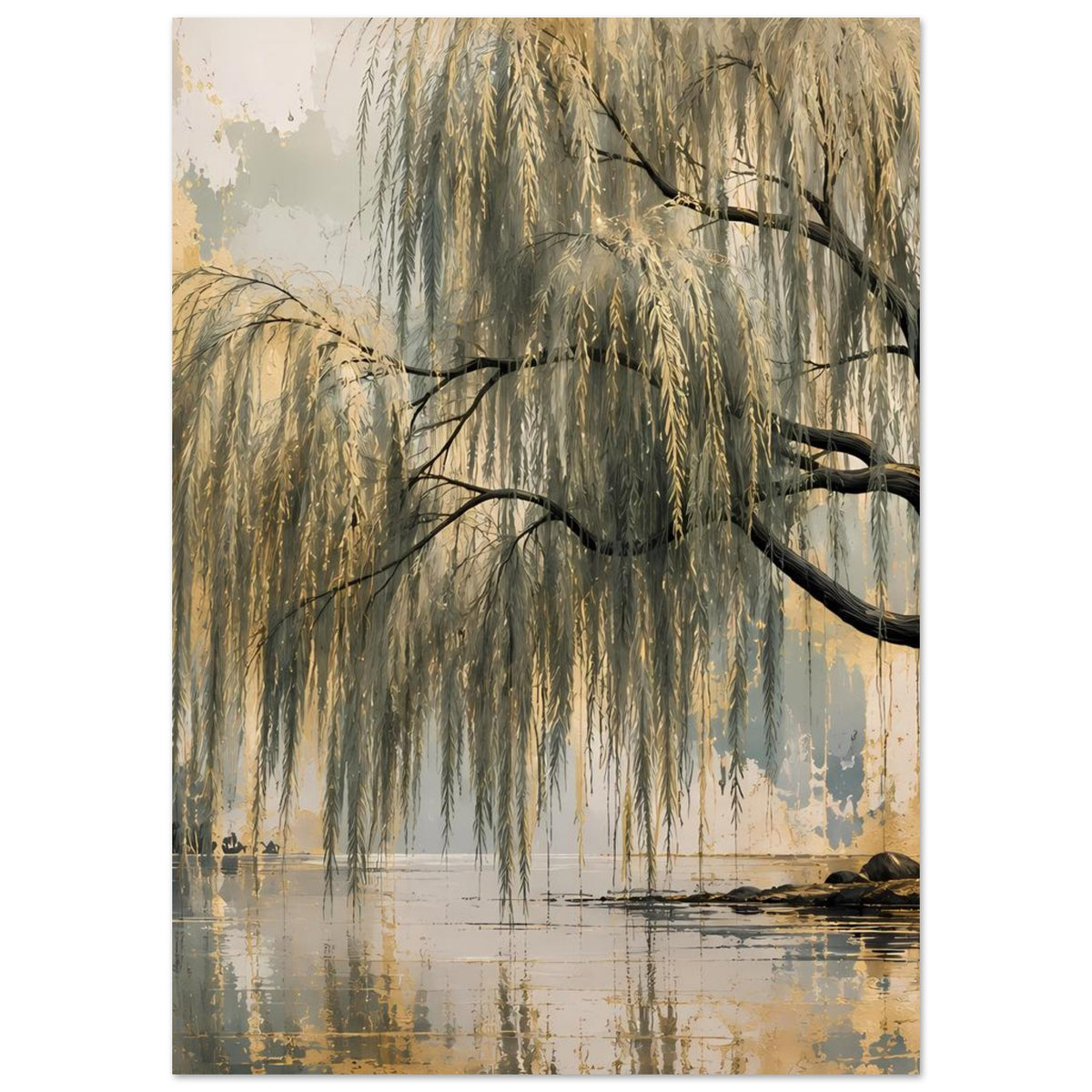 Weidenbaum-Poster im Hochformat, hängende Zweige und Wasserfläche mit goldenen Akzenten