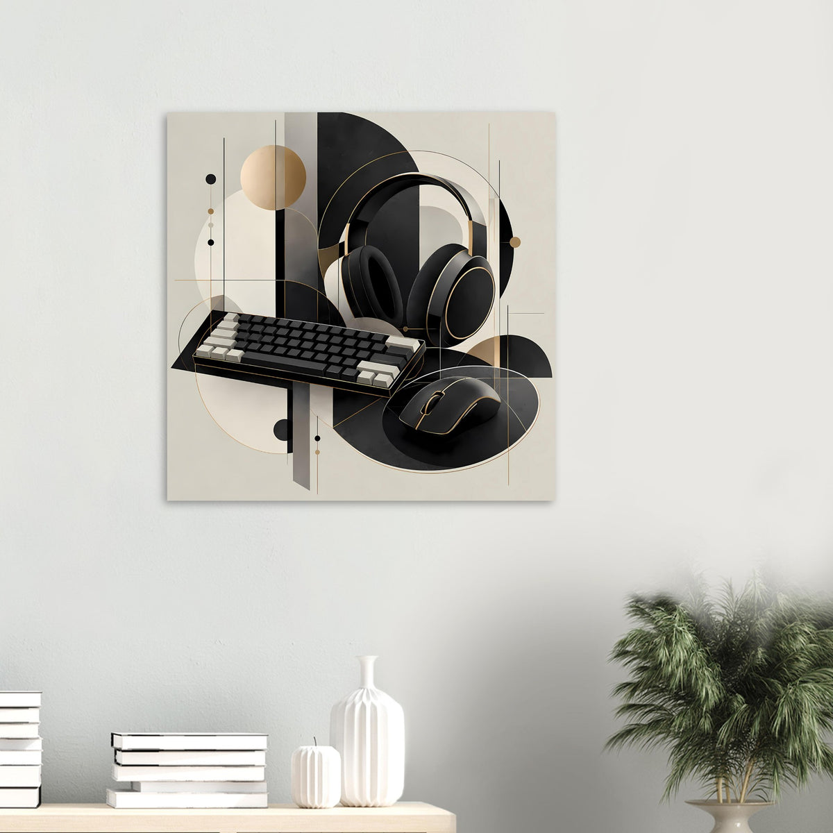 Gaming-Poster mit Headset, Tastatur und Maus in Schwarz, Goldlinien und Beige-Kreisformen