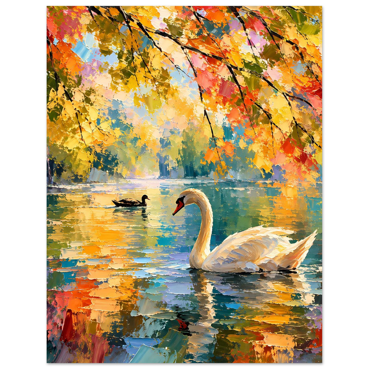 Kunstposter: weißer Schwan im Vordergrund, Ente im Wasser, Herbstlaub in kräftigen Farben