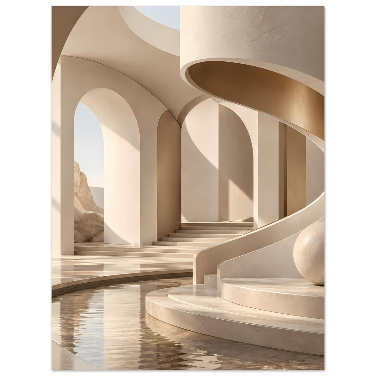 Poster mit beigem Architekturmotiv, hohen Marmorbögen und Wasserbecken mit Spiegelung