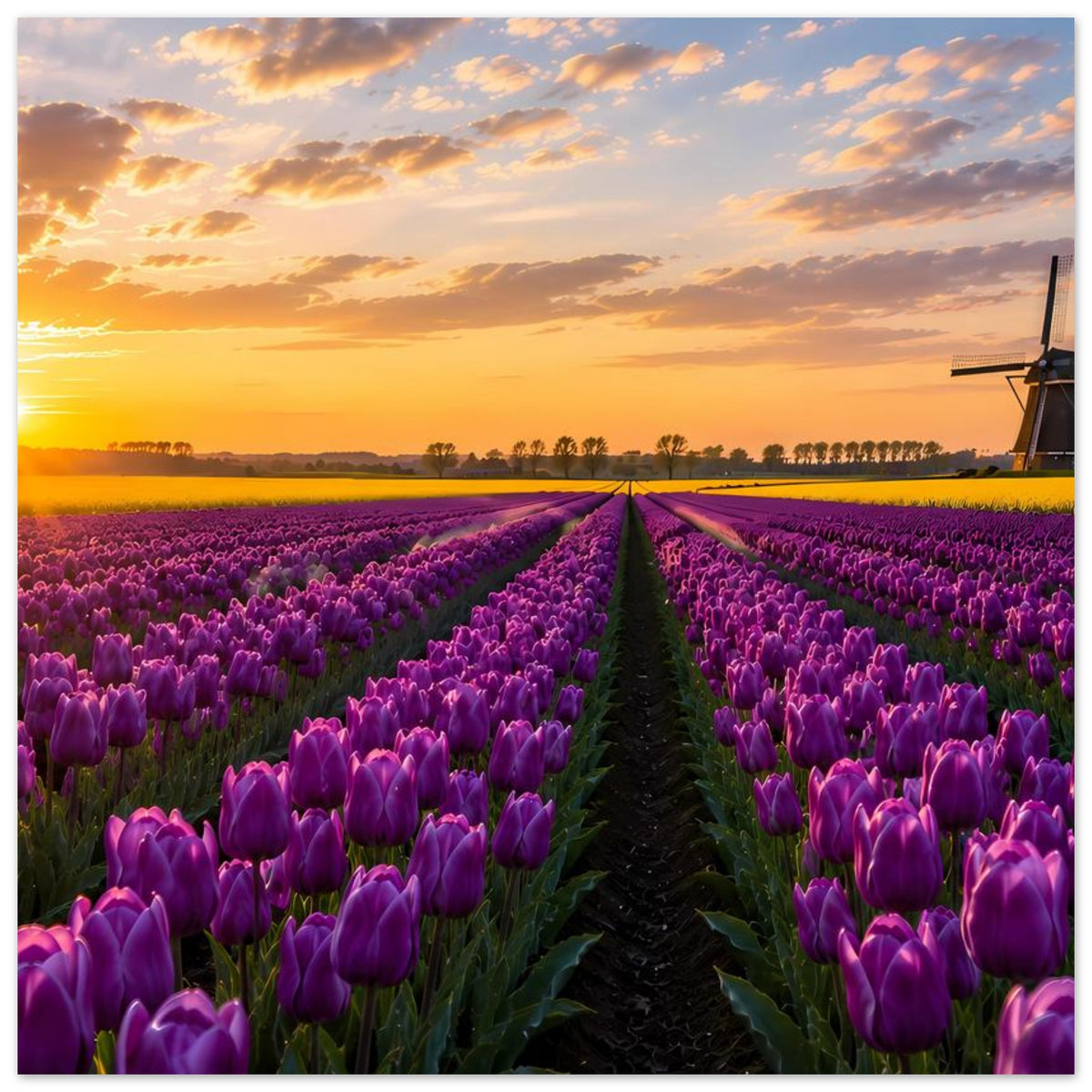Poster im Querformat mit lila Tulpenfeld, Feldweg, Sonnenuntergang und Windmühle rechts