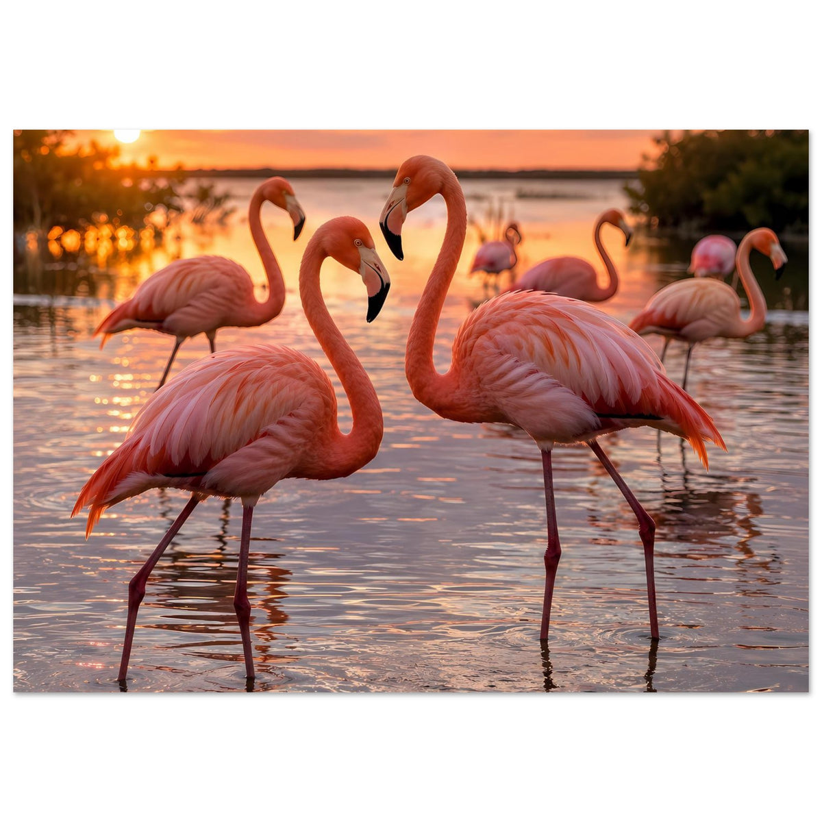 Poster mit Flamingos im Abendlicht, große rosa Vögel und ruhiges Wasser