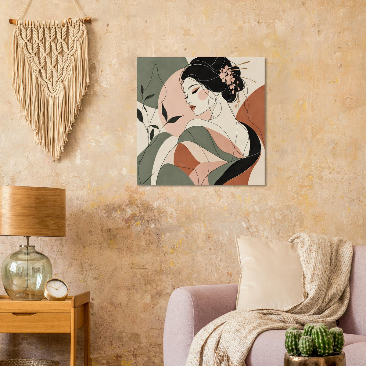 Wandposter mit Geisha-Illustration in Linienkunst, Seitenprofil mit Haarschmuck und Pflanzen