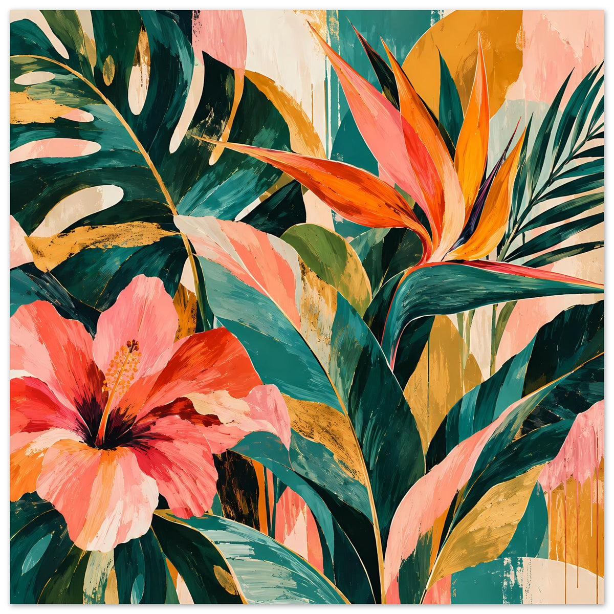 Breites Kunstposter mit tropischem Blumenmotiv: rosa und orange Blüten, buntes Blattwerk.