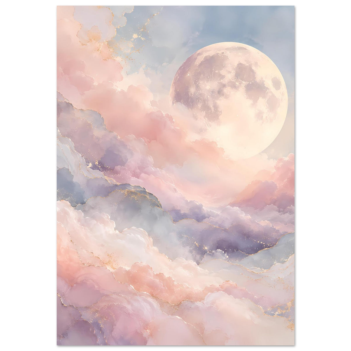 Wandposter mit Pastellmond und Wolkenlandschaft, sanfte Rosatöne und Blauschattierung