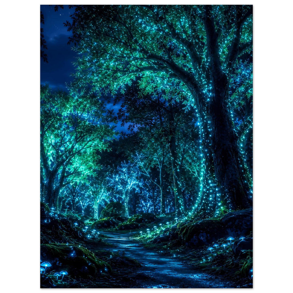 Waldposter im Hochformat: großes Baumrund mit türkis-blauen Lichtpunkten am Pfad
