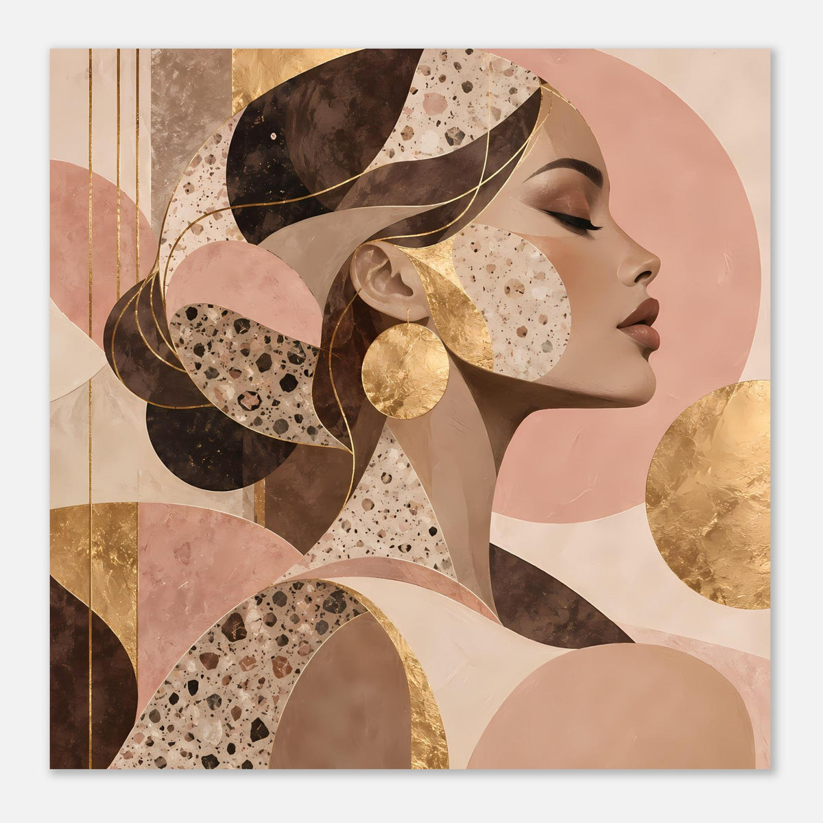 Kunstposter mit Seitenprofil, goldfarbenem Kreis, marmorartigen Flecken in Beige und Braun