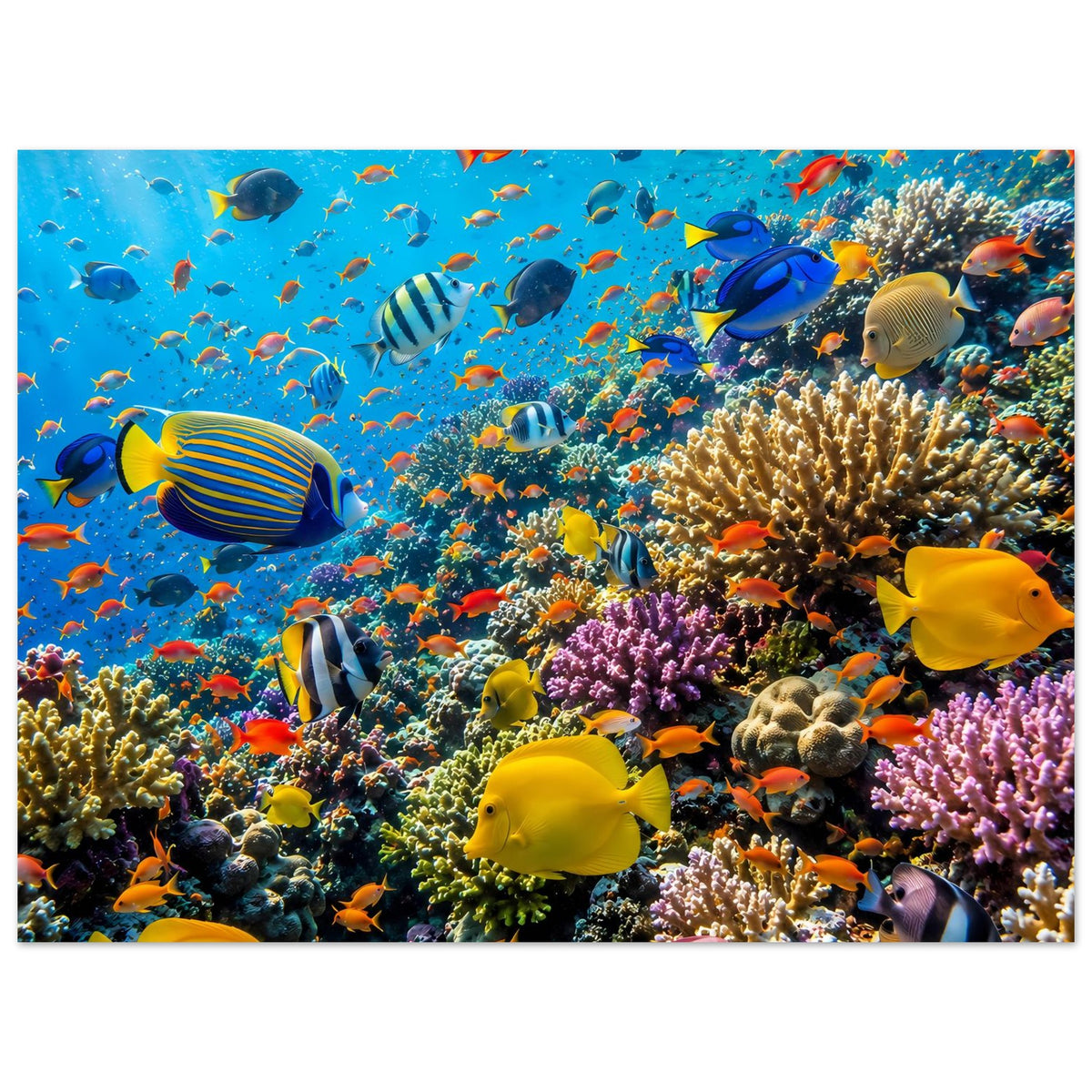 Korallenriff-Poster mit gelben und blauen Fischen sowie Korallen, lebendige Unterwasserwelt