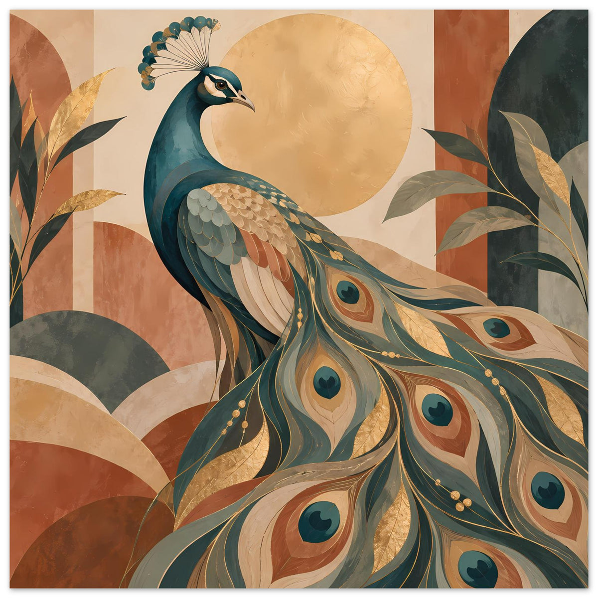 Pfau-Poster: Pfau mit Pfauenfächer, blaugrünes Farbspiel und goldene Akzente im Muster