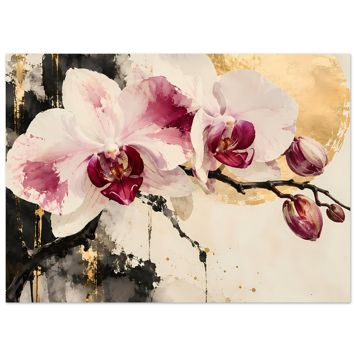 Orchideen-Blumenposter mit rosa Blüten und goldenen Akzenten