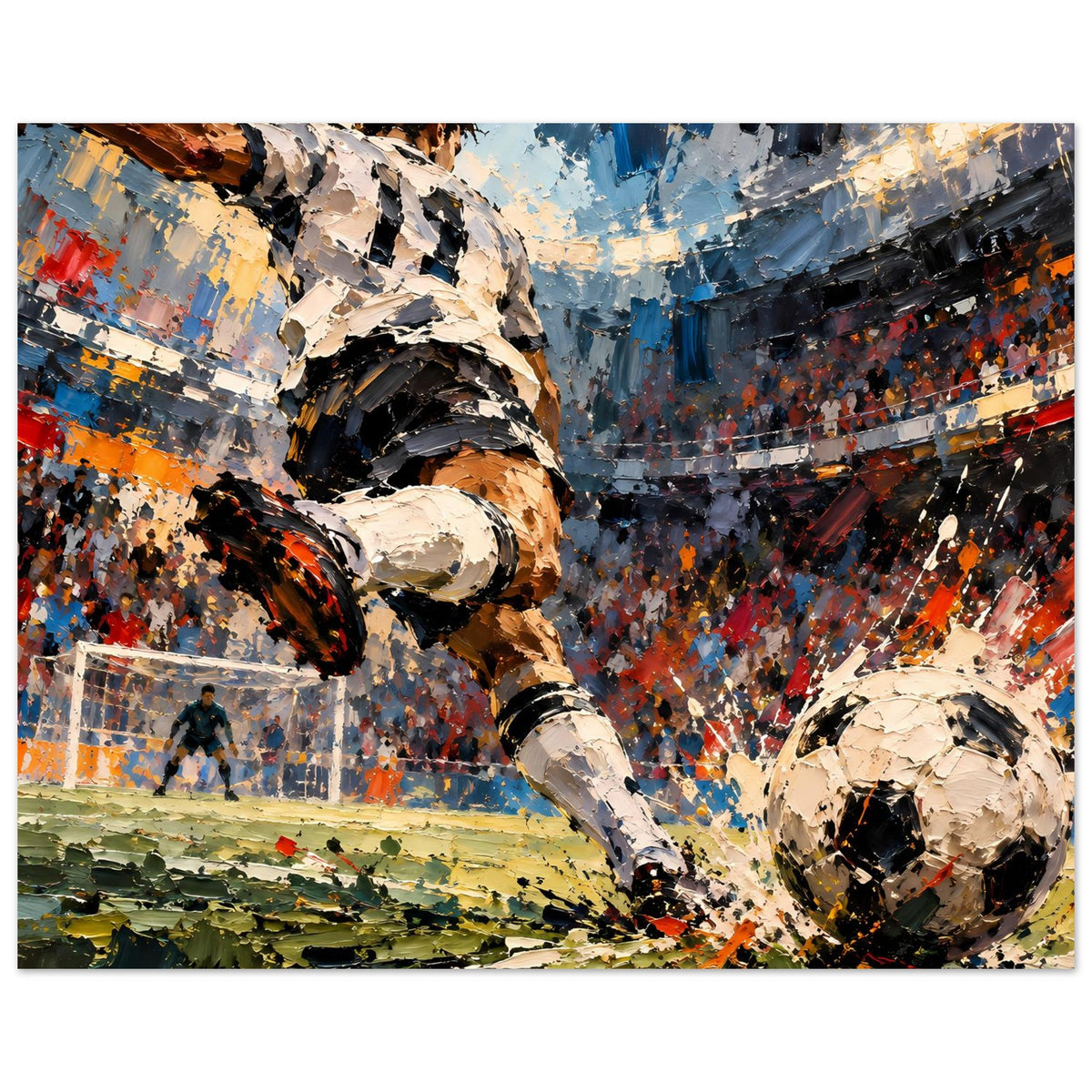Fußball-Actionposter: Stürmer links, Ball rechts unten, Spritzfarben in Blau