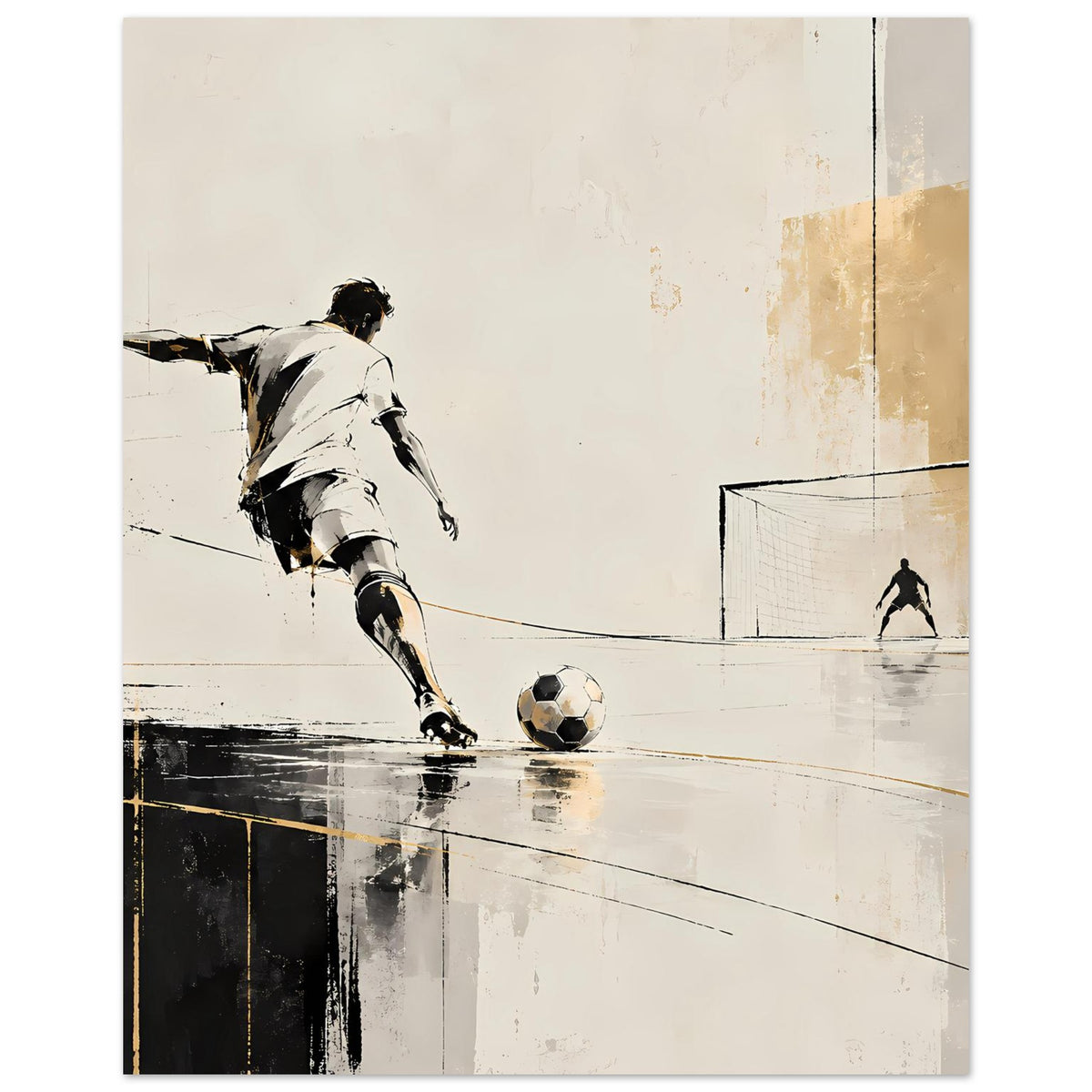 Fußballposter, Querformat: läuferischer Spieler mit Ball vor dem Tor, in Beige/Grau