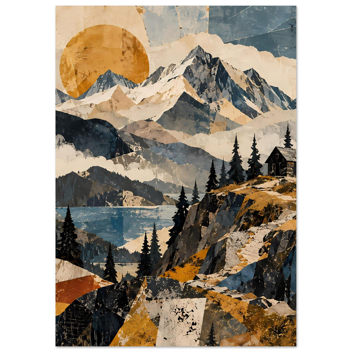 Naturposter zeigt Bergtal mit Hütte, Tannen und Wasserfläche im Sonnenuntergang-Look