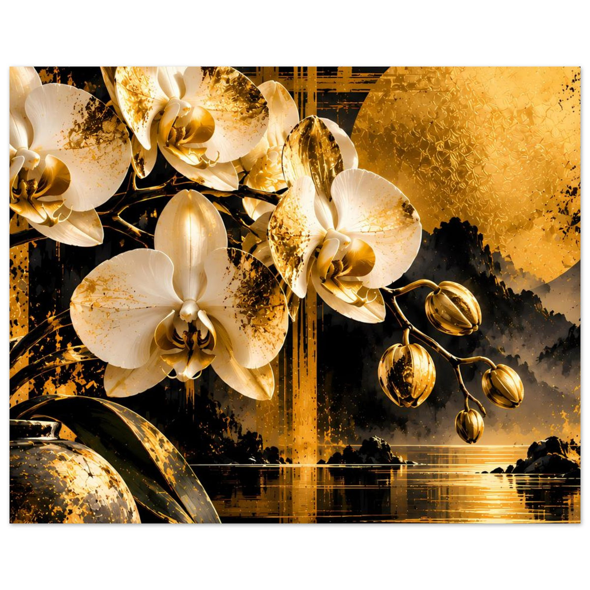 Orchideen-Wandposter mit großen weißen Blüten, goldem Glanz und dunklen Schatten.