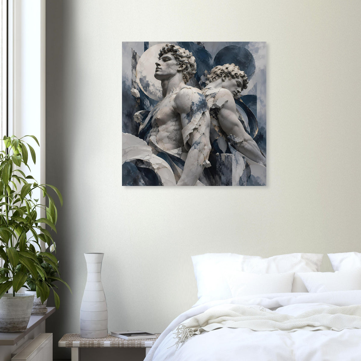 Quadratisches Poster mit zwei Cherub-Engeln in Blau-Grau, matte Druckoberfläche
