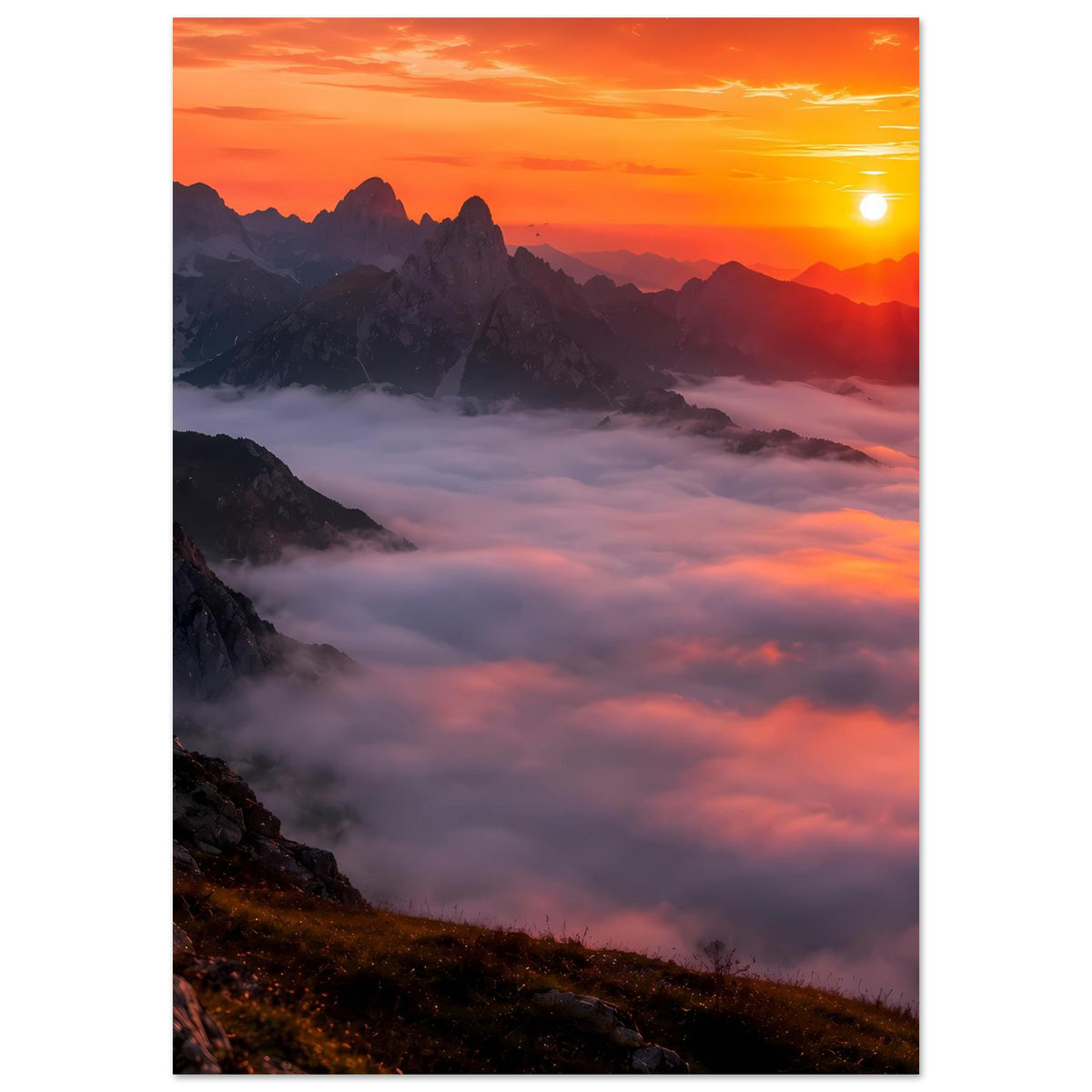 Vertikales Berglandschafts-Poster mit Sonnenuntergang, Sonne im Himmel und Bergsilhouetten