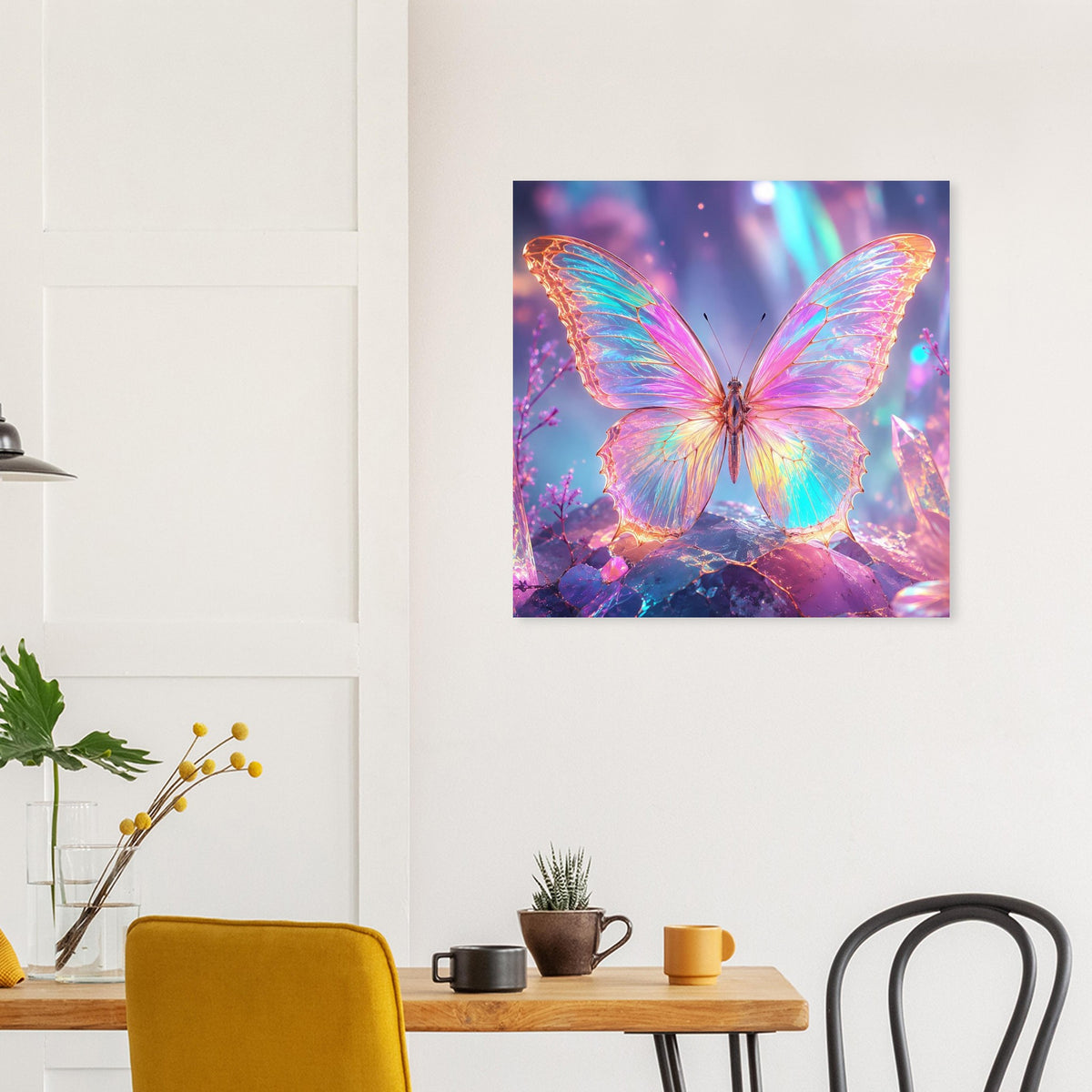 Rahmenlos wirkendes Fantasy-Poster: Regenbogen-Schmetterling zwischen Kristallen