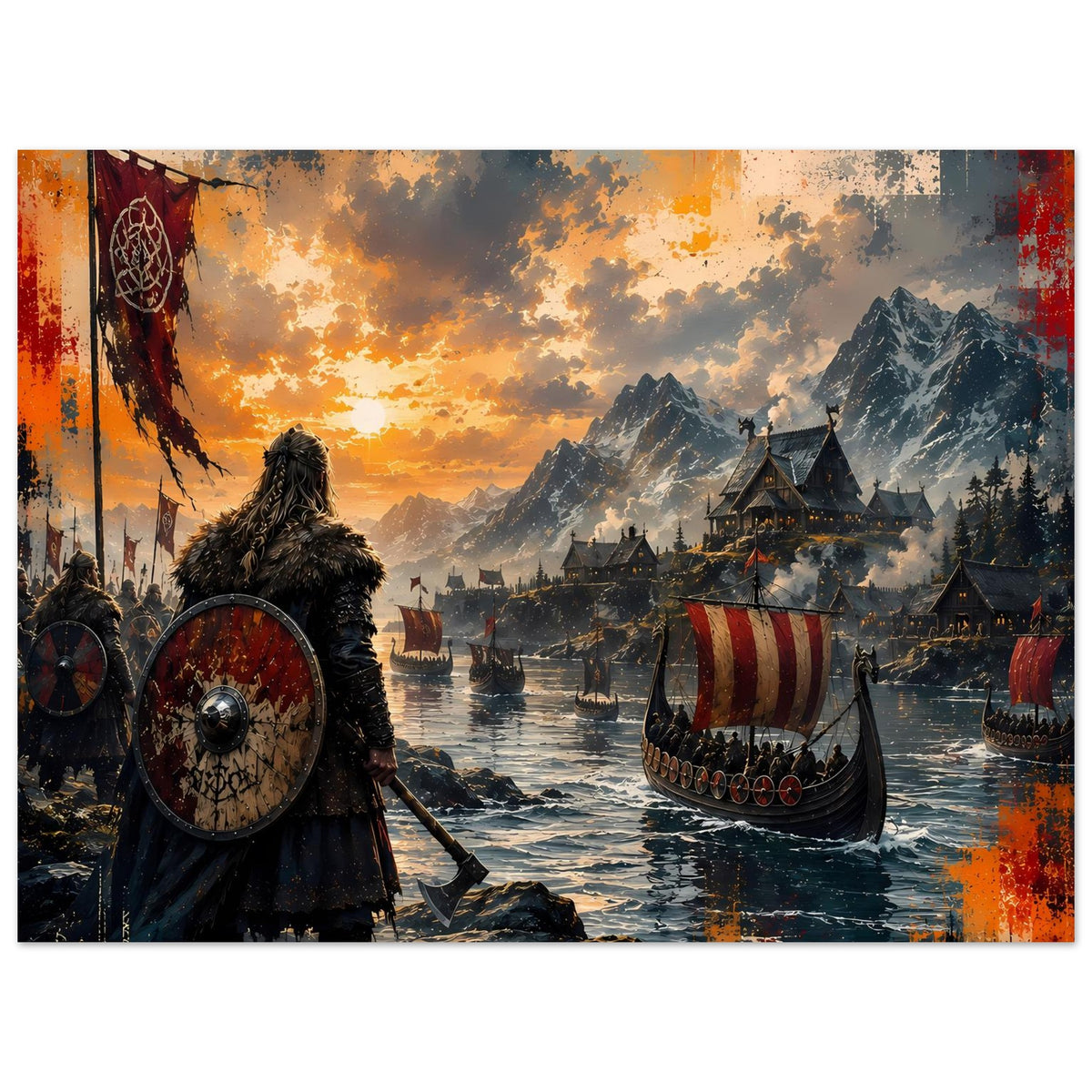 Wikinger-Saga-Poster mit Wikingerkrieger, rundem Schild und Langboot im orangefarbenen Himmel