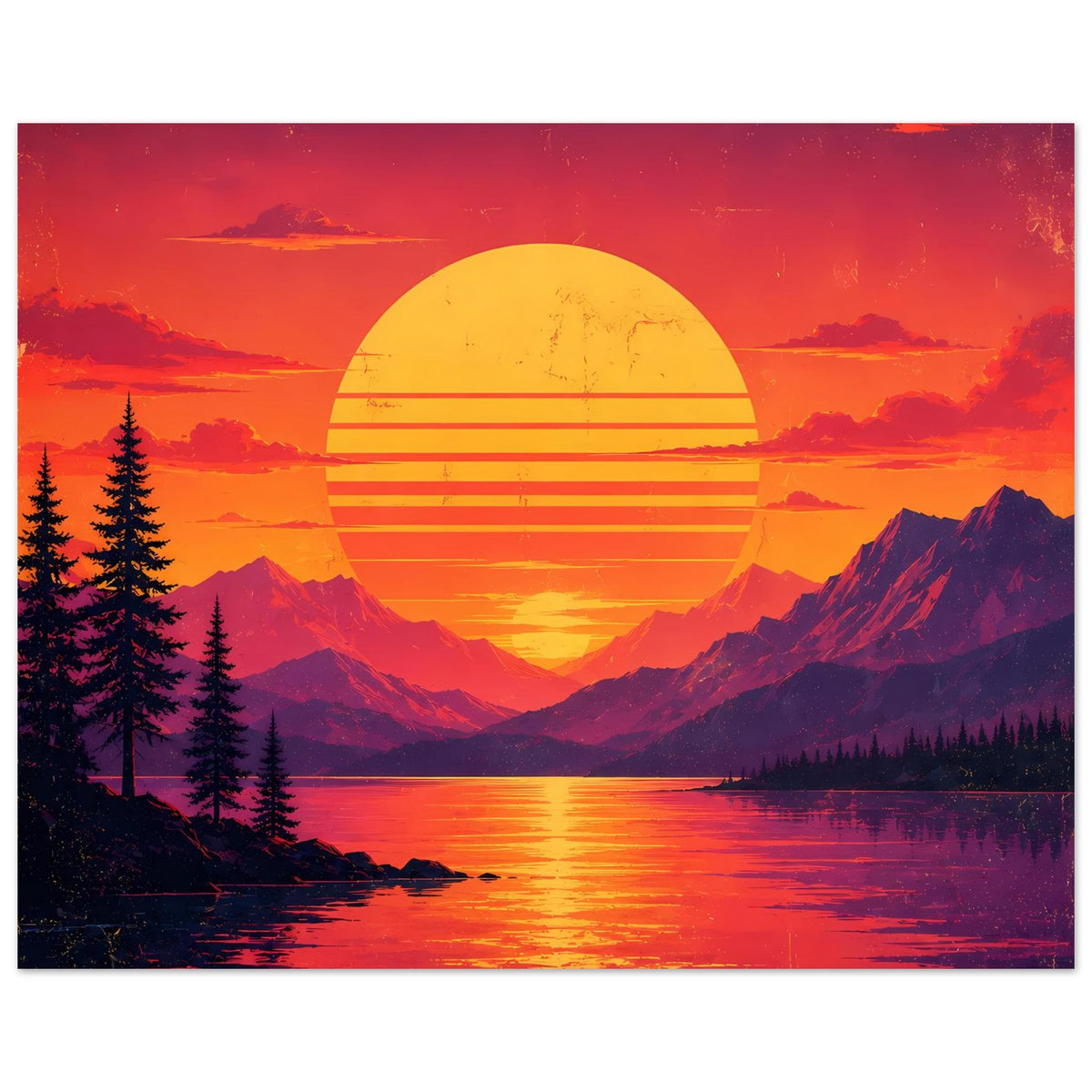Querformat-Poster: Bergsee bei Sonnenuntergang mit gelber Sonnenfläche, Streifen und Gebirge.