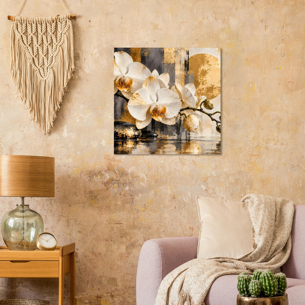 Orchideenwandbild mit weißen Blüten, goldenen Akzenten und dunklem Muster
