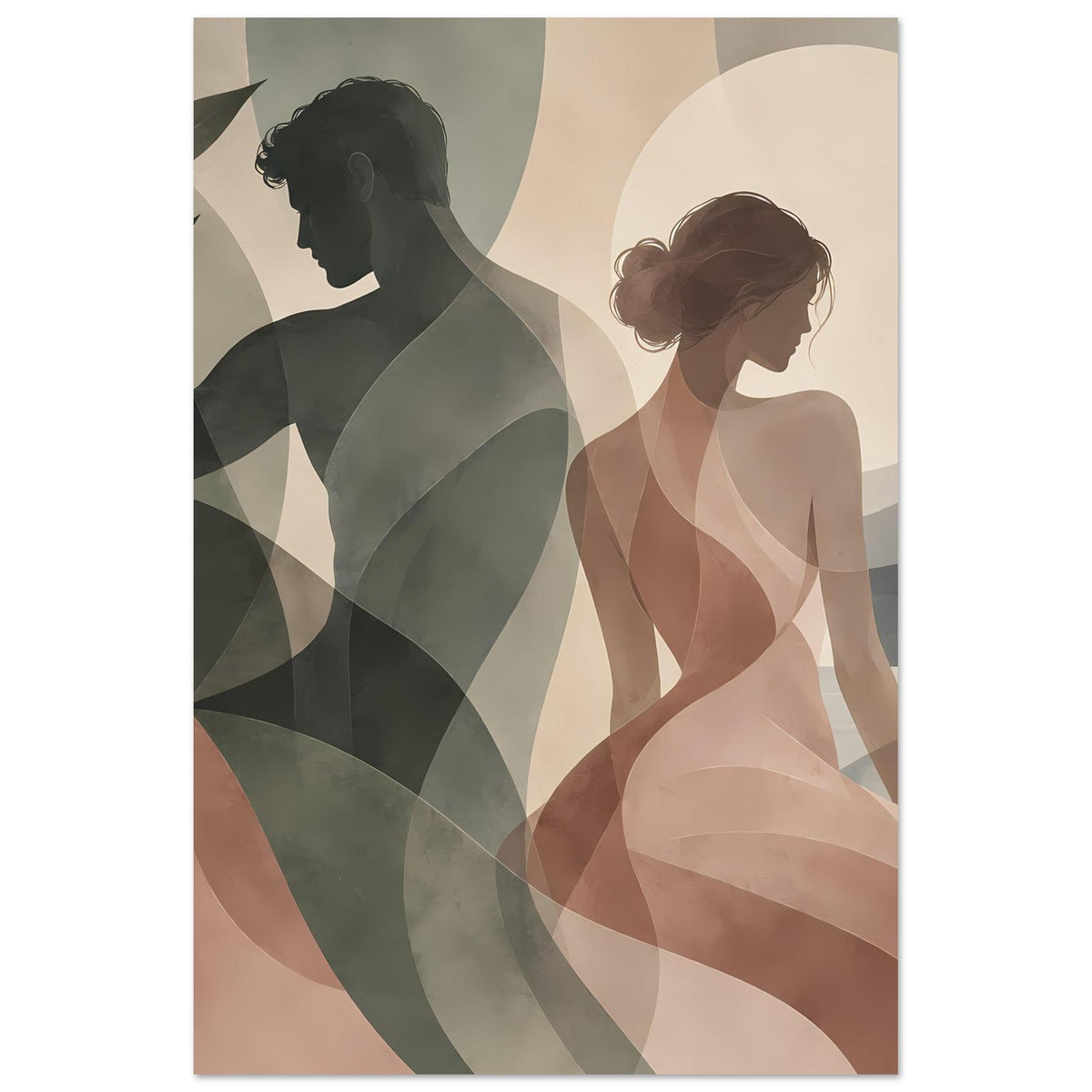 Gerahmtes Poster mit abstrakten Silhouetten von Paaren in sanften Erdtönen