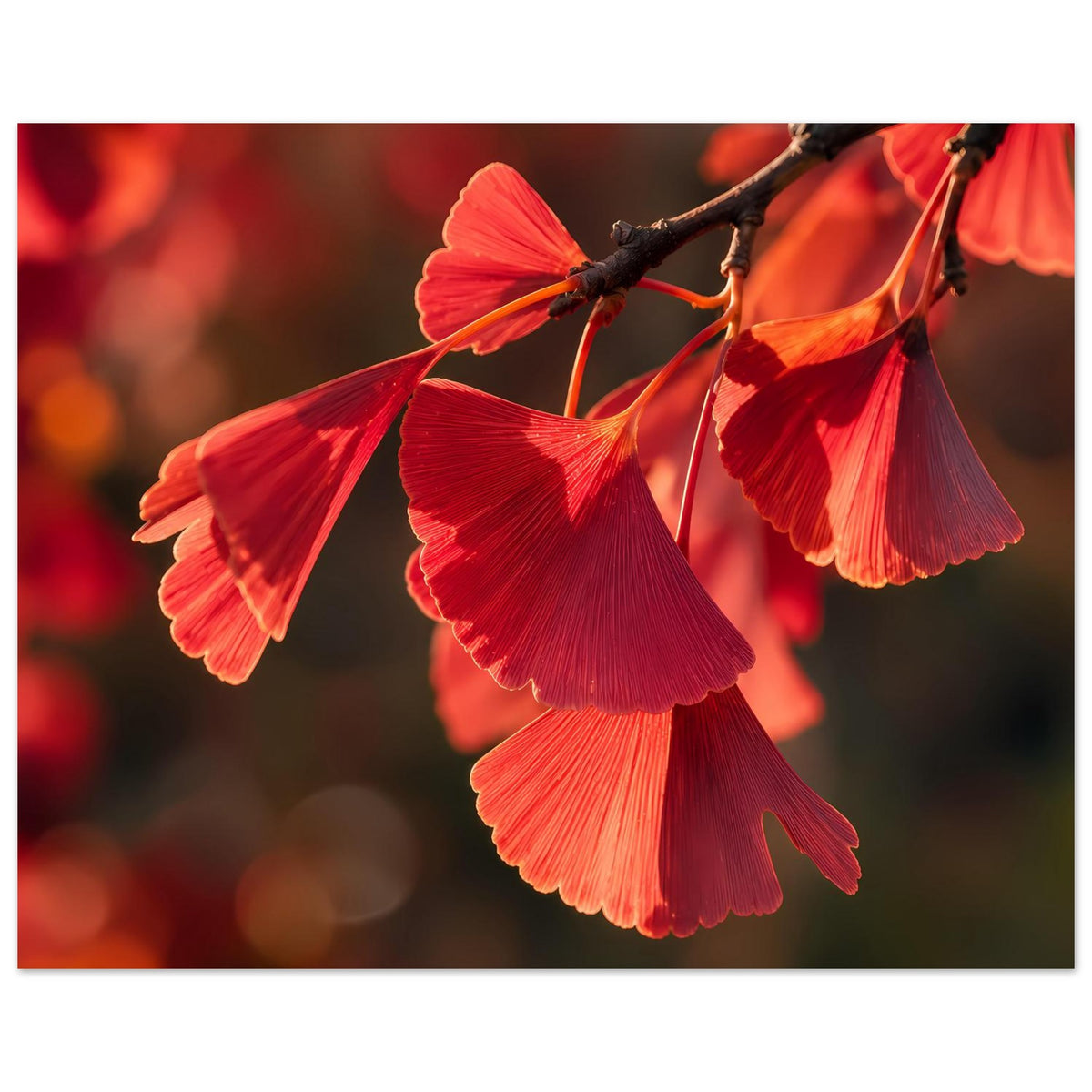 Matte Poster (horizontal) mit roten Ginkgo-Blättern am Ast, breiter Bildausschnitt